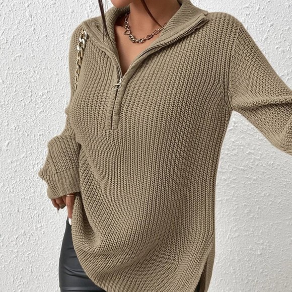 Casual Half Zip Split Hem Drop Shoulder Sweater Khaki - Picture 4 of 5